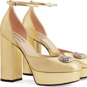 Gucci Crystal Double G Platform Gold Pumps Size38